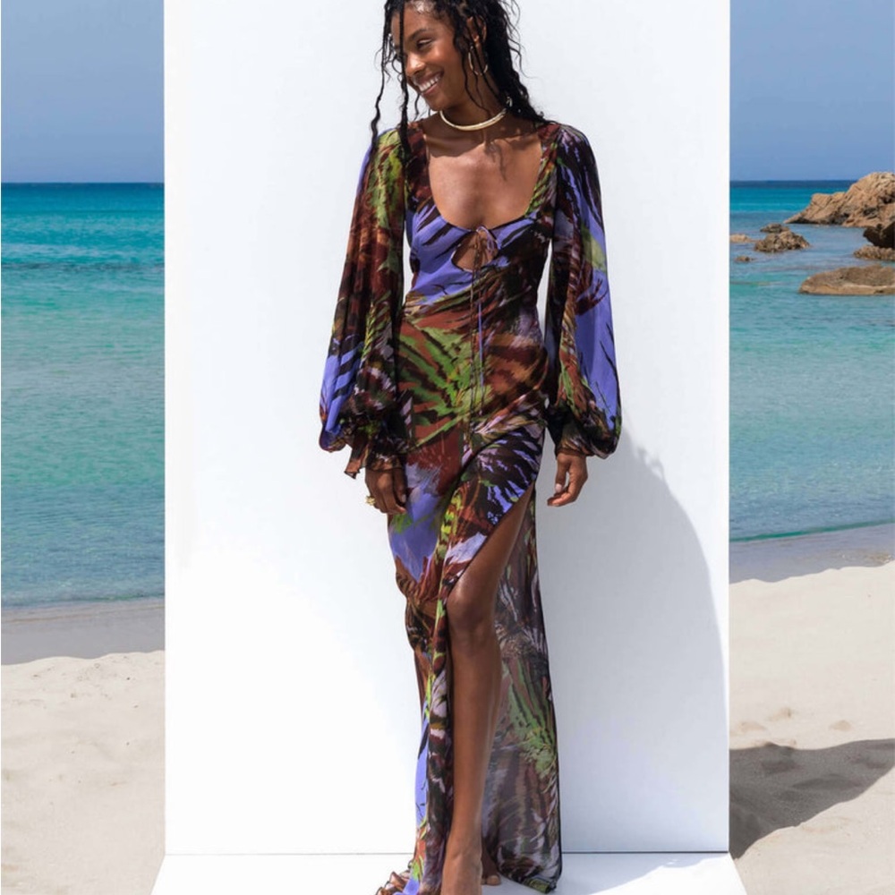 Tropical Print Sheer Maxi Dress with Slit